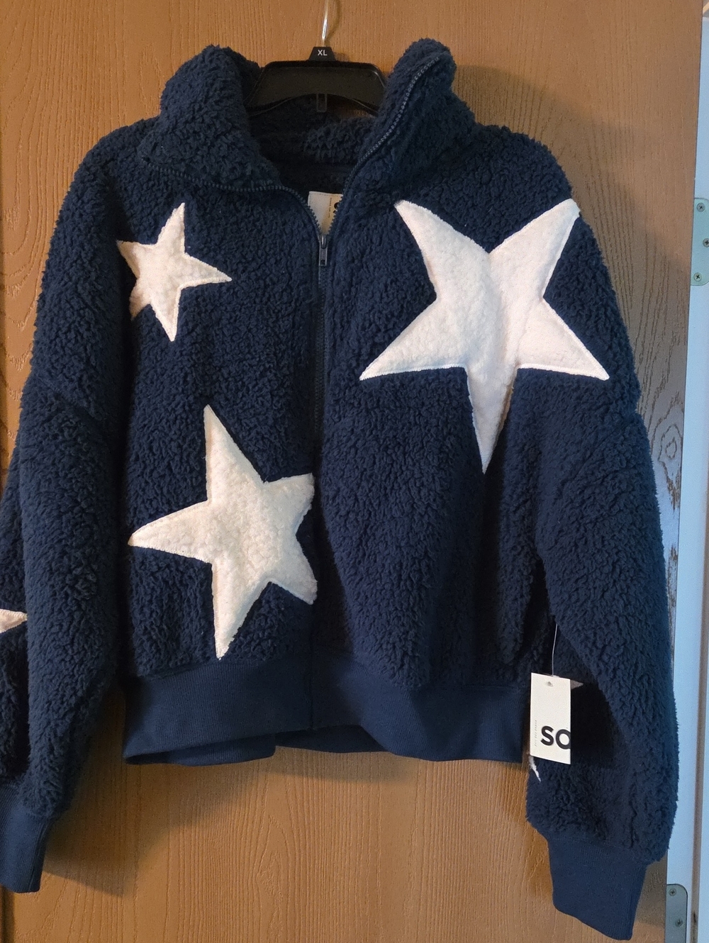 SO Dark Teal Sherpa Puffer Jacket with White Star Appliqués, NWT